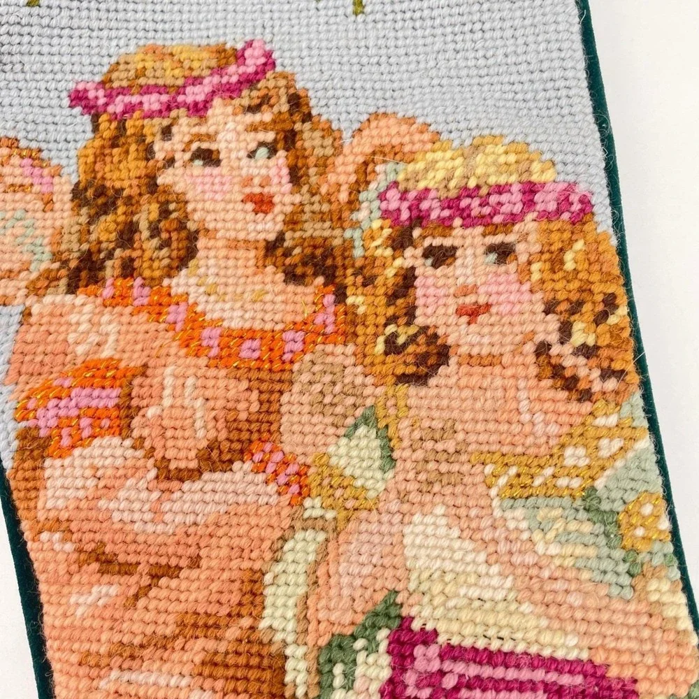 Needlepoint Christmas Stocking Angels Candles Wool Velvet Green 21 In